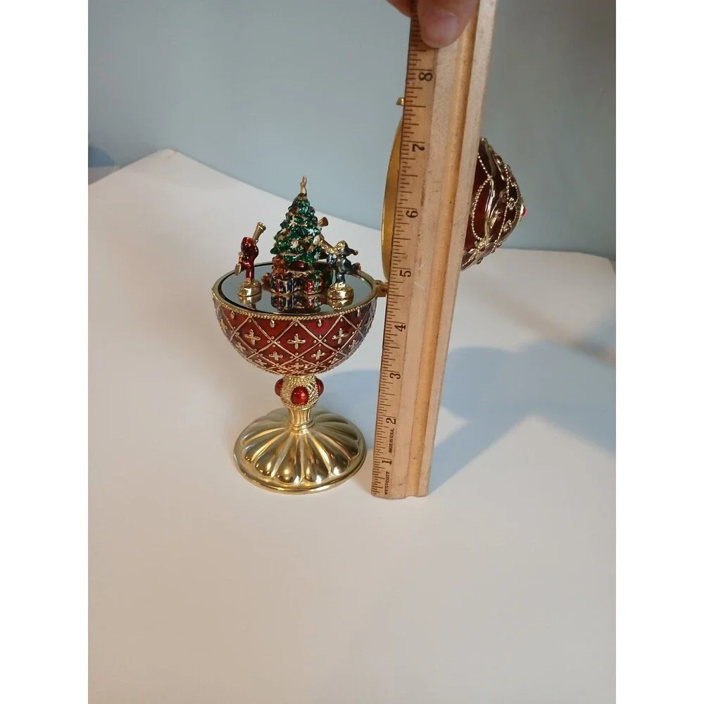 Red Enamel Egg Ruby Jewel Wind Up Music Box Christmas Tree W Presents